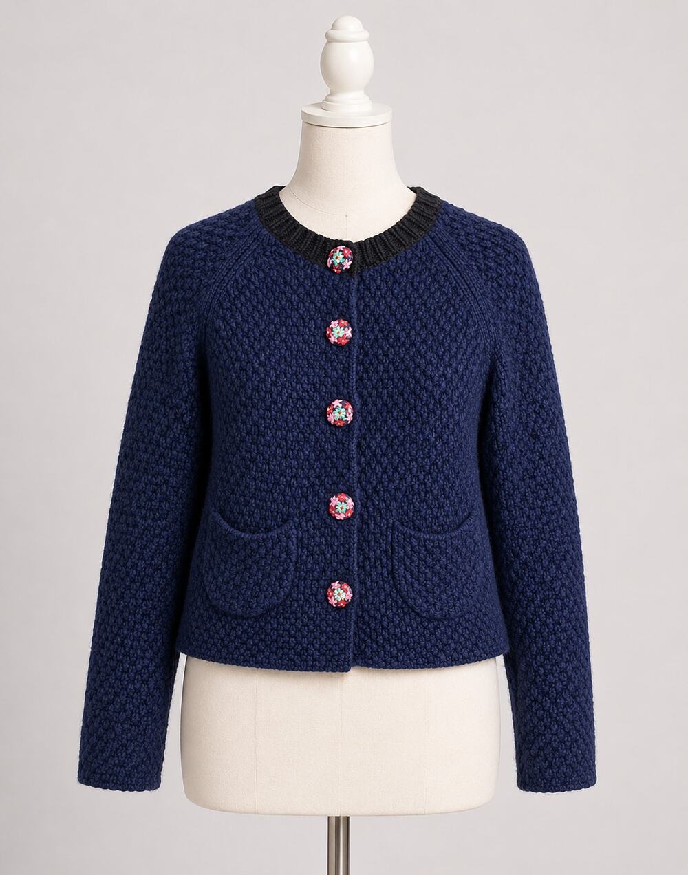 Blue Knit Cardigan Sweater Embroidered Buttons Cotton Wool Blend
